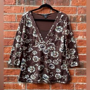 Women’s Large Y2K Boho Floral Babydoll Festival Hippie Vneck Knit Blouse